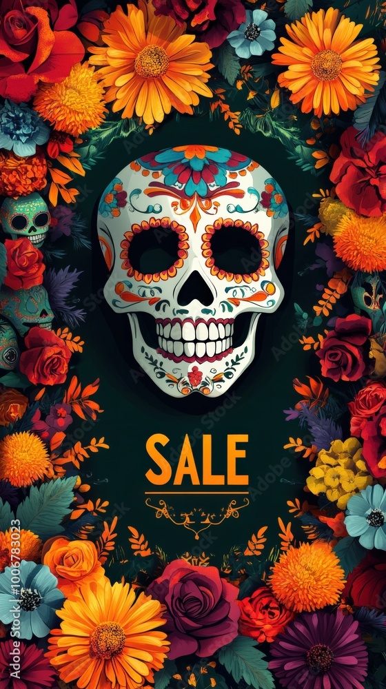 A Day of the Dead inspired event poster featuring colourful and ornate skulls, vibrant marigold colours and symmetrical patterns. A Day of the Dead inspired event poster featuring colourful and ornate skulls, vibrant marigold colours and symmetrical patterns.