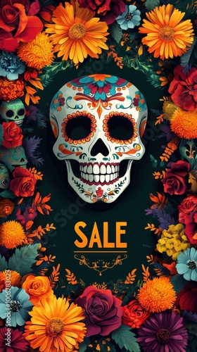 A Day of the Dead inspired event poster featuring colourful and ornate skulls, vibrant marigold colours and symmetrical patterns.