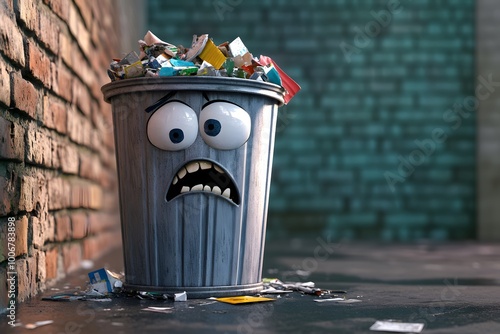 3D illustration of sad face trash can full of garbage