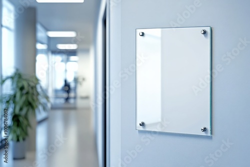 A mock up of a blank glass nameplate design, The sign plate is mounted on the wall near the interior door of the office , clinical 