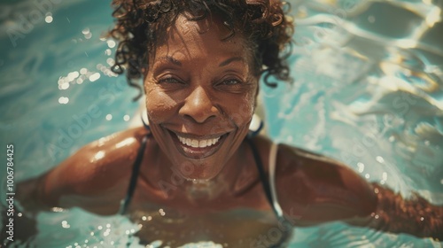 A woman enjoying time by the pool, smiling and relaxing