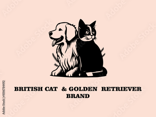 British Cat and Golden Retriever Vector Logo, Long-haired British Cat and Golden Retriever Playing Ball in the Park