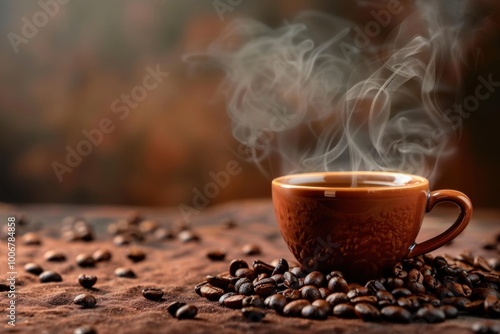 Steaming Black Coffee Cup with Roasted Beans on Rustic Wooden Table