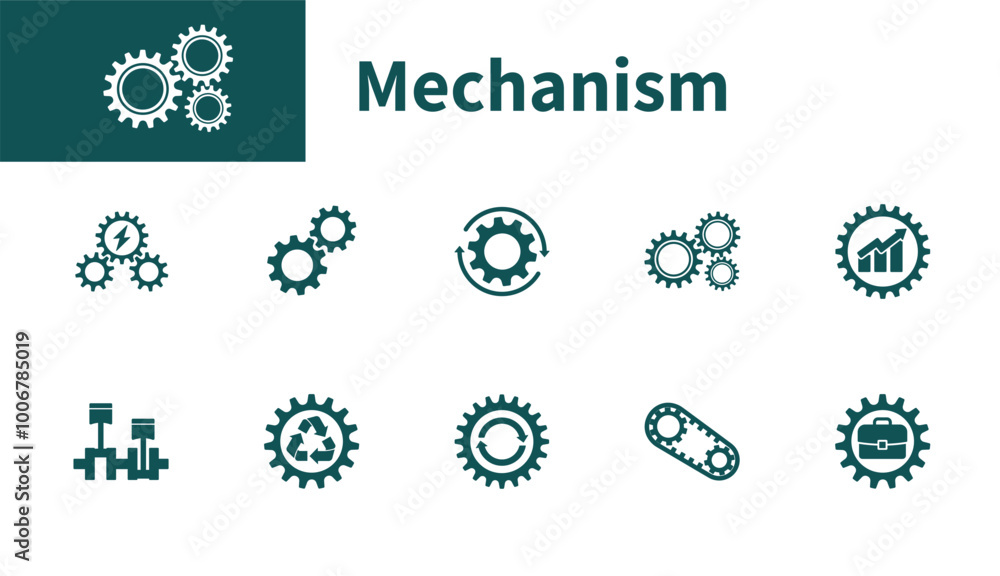 Mechanism icons. Set of solid vector symbols on mechanical engineering, gears, operations, settings. Mechanism icons. Set of solid vector symbols on mechanical engineering, gears, operations, settings.