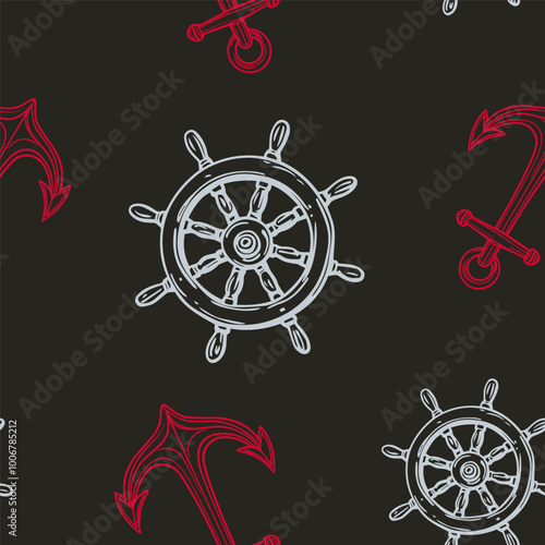 Nautical ship wheel and anchor seamless pattern collection in various colors in grid