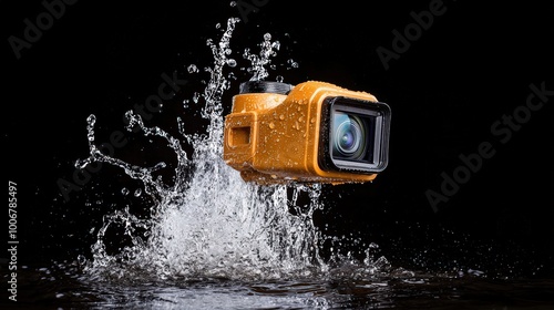 Underwater camera splashing in liquid, isolated on black background. photo