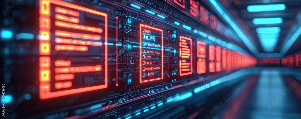 Futuristic digital interface with glowing screens and data displays. Futuristic digital interface with glowing screens and data displays.