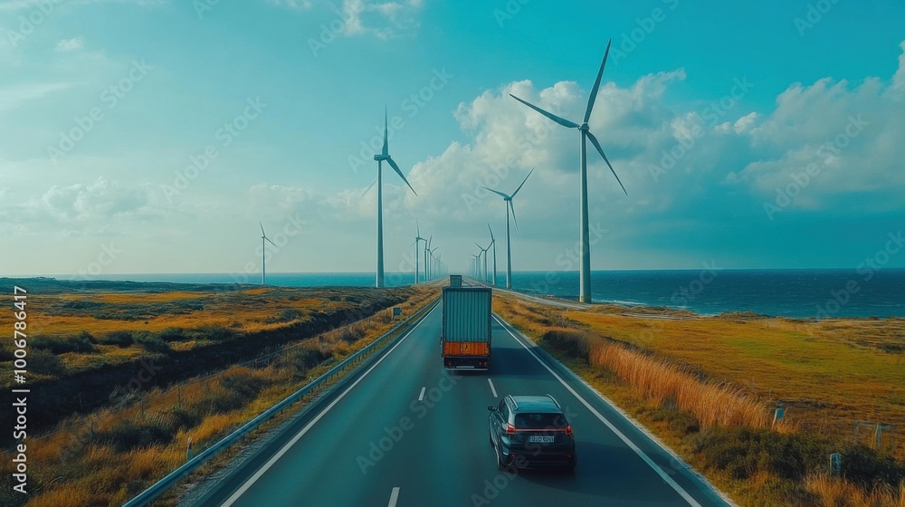 Wind turbines spinning in the distance with electric lines Wind turbines spinning in the distance with electric lines