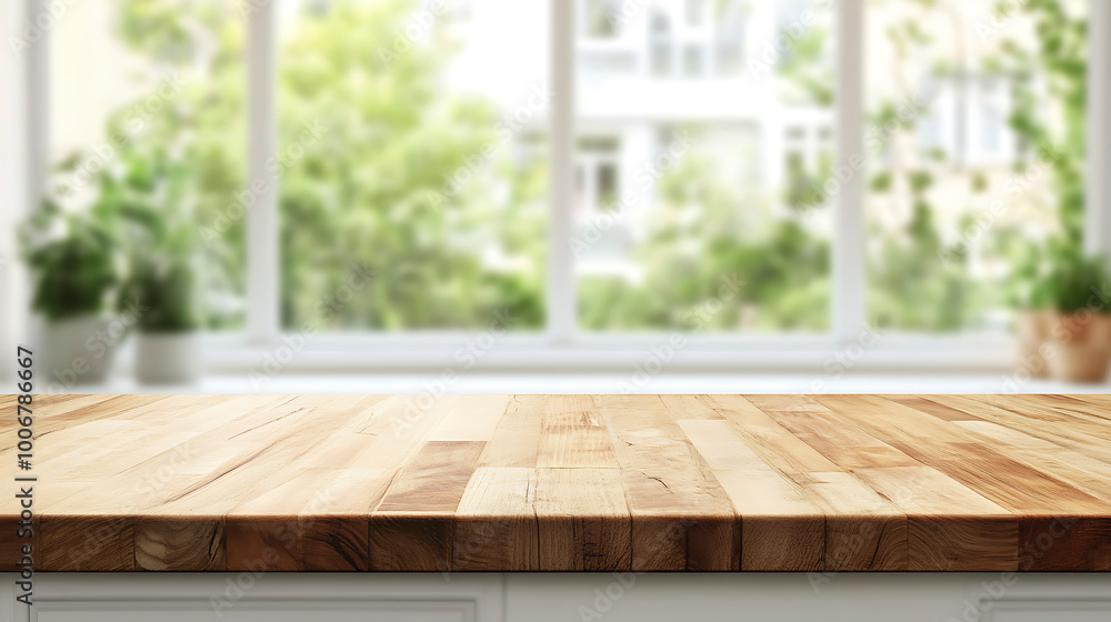 Wooden table top in front of a clean, bright kitchen backdrop Wooden table top in front of a clean, bright kitchen backdrop