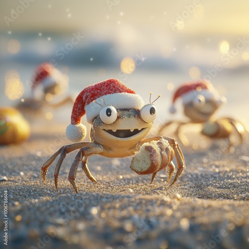 A cheerful crab wearing a Santa hat enjoys a festive moment on the beach, capturing the spirit of Christmas by the sea. photo