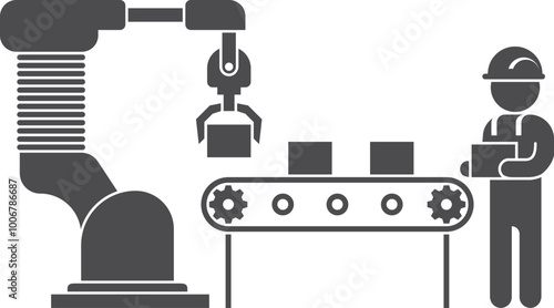 Factory conveyor belt with working man and robotic arm black icon