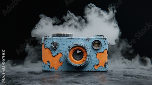 Vintage camera with a unique design, surrounded by smoke on a dark background. photo