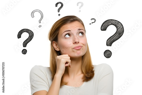 young woman thinking with her hand on chin and with question marks around, white background