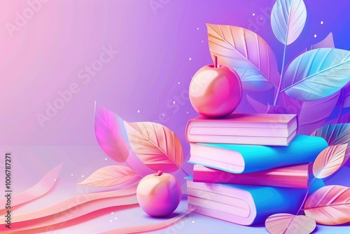 A stack of books with foliage and a single apple resting on top, perfect for use in educational or literary contexts