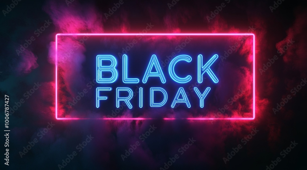 A vibrant neon sign displaying 'Black Friday' stands out against a smoky background, capturing the essence of shopping frenzy. A vibrant neon sign displaying 'Black Friday' stands out against a smoky background, capturing the essence of shopping frenzy.