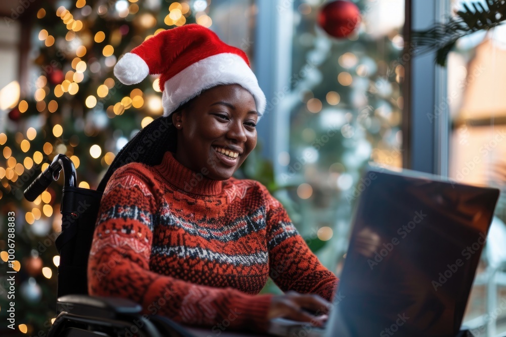 Person with disability uses laptop in wheelchair, suitable for concept of inclusivity and accessibility Person with disability uses laptop in wheelchair, suitable for concept of inclusivity and accessibility