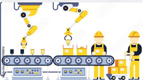 Conveyor belt with working engineers. Factory line concept