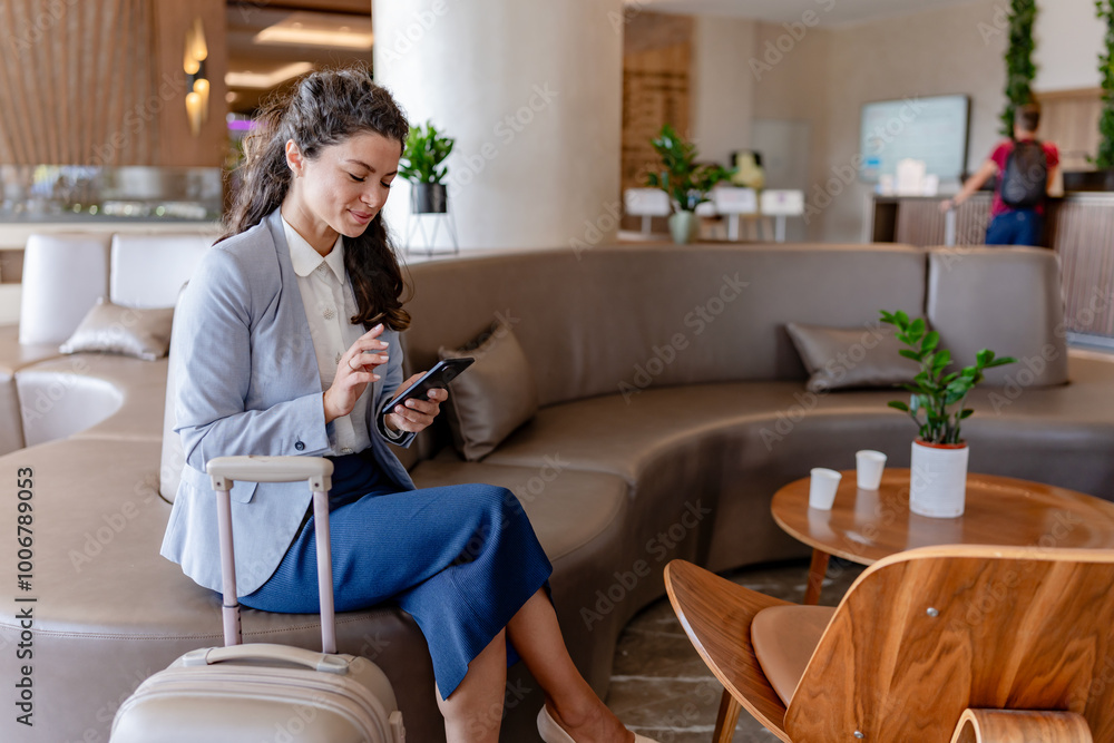 Obraz premium A smiling businesswoman sits in a modern hotel lobby, checking her phone while holding onto her suitcase. She appears relaxed and ready for her trip, surrounded by a comfortable lounge area.