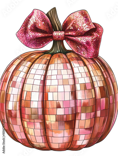 Pink Disco Ball Pumpkin with Glitter Bow, Halloween, valentine, on isolation background