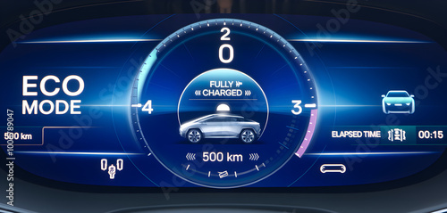 Digital Dashboard Interface of an Advanced Electric Vehicle Showcasing Eco Mode and Charge Status