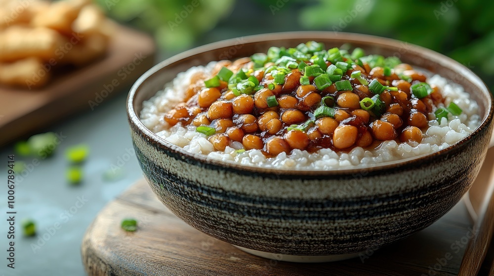Close-up of a Bowl of Rice Congee with Soy Beans and Green Onions Close-up of a Bowl of Rice Congee with Soy Beans and Green Onions