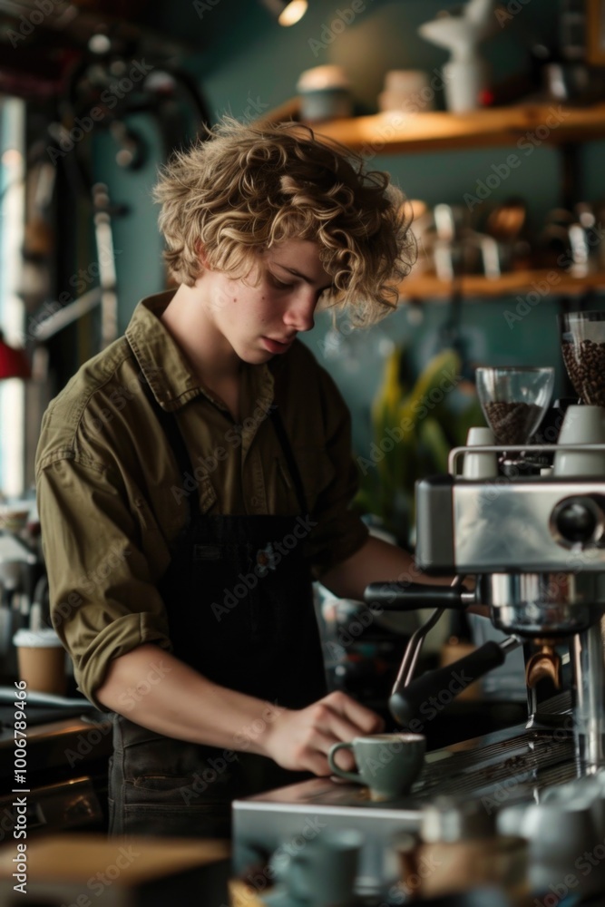 A person in an apron prepares a cup of coffee, ideal for everyday life scenarios or office use A person in an apron prepares a cup of coffee, ideal for everyday life scenarios or office use