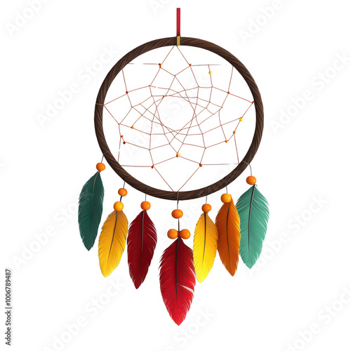 Colorful dreamcatcher with feathers hanging on a white isolated background.