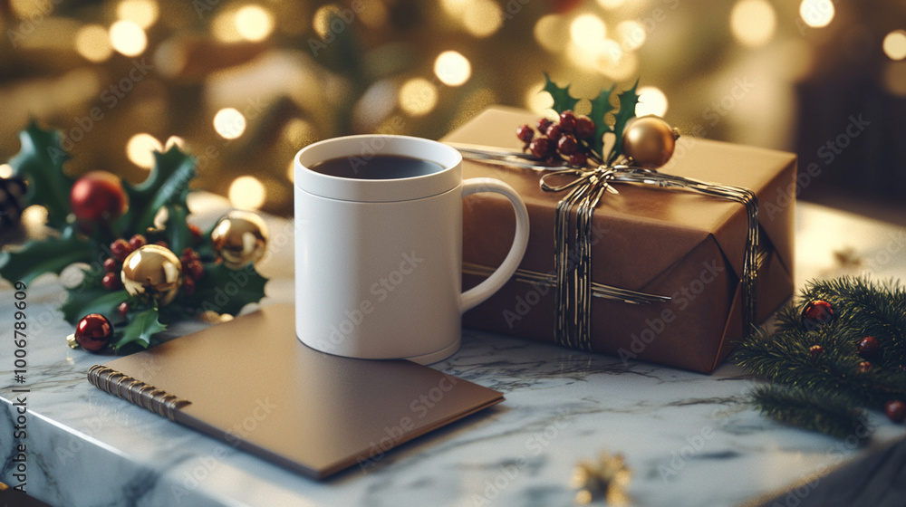 Christmas gift bag featuring a luxury thermal mug, a branded leather notebook, a wallet,and a holiday card. Christmas gift bag featuring a luxury thermal mug, a branded leather notebook, a wallet,and a holiday card.