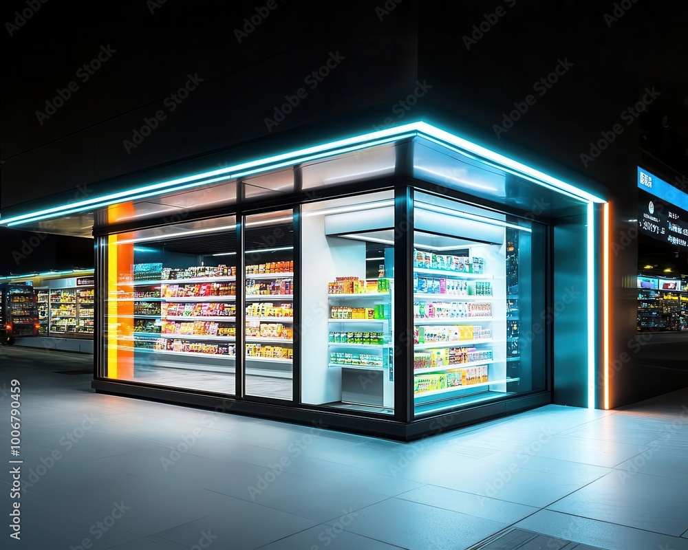 Modern minimart exterior with sleek glass walls, minimalist signage, and bright LED lighting, Minimart, Modern Design Modern minimart exterior with sleek glass walls, minimalist signage, and bright LED lighting, Minimart, Modern Design