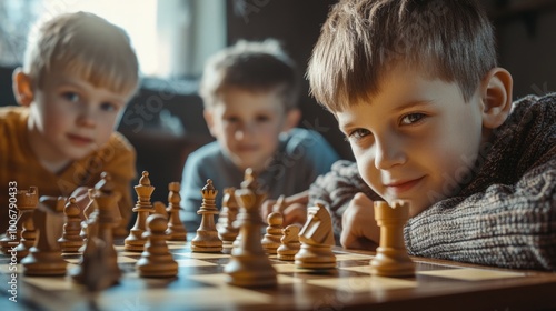 Three young boys are playing a game of chess