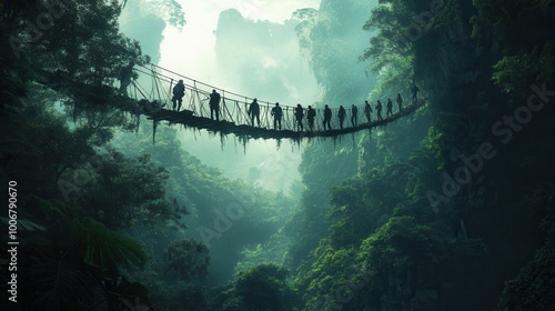 Group of adventurers crossing a suspension bridge in a dense jungle