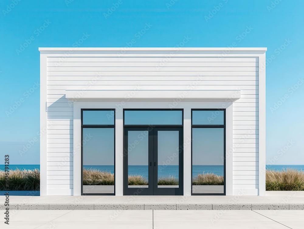 Modern coastal minimart exterior with nautical accents, light colors, and glass windows, Minimart, Modern Coastal Modern coastal minimart exterior with nautical accents, light colors, and glass windows, Minimart, Modern Coastal