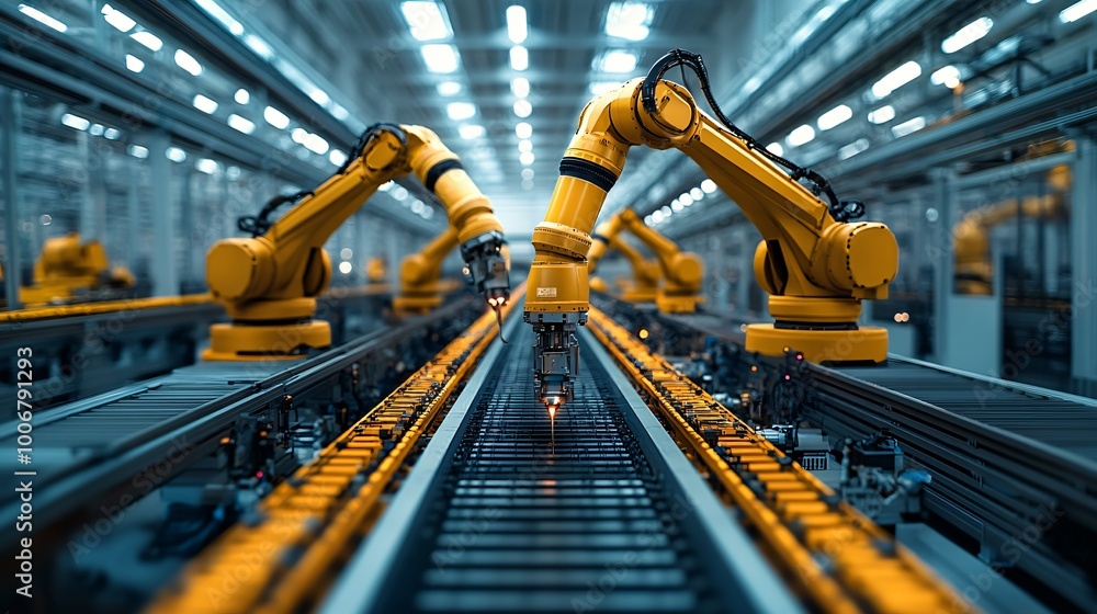 Industrial site at night illuminated by yellow lights, heavy machinery like cranes and excavators working under a blue sky Industrial site at night illuminated by yellow lights, heavy machinery like cranes and excavators working under a blue sky
