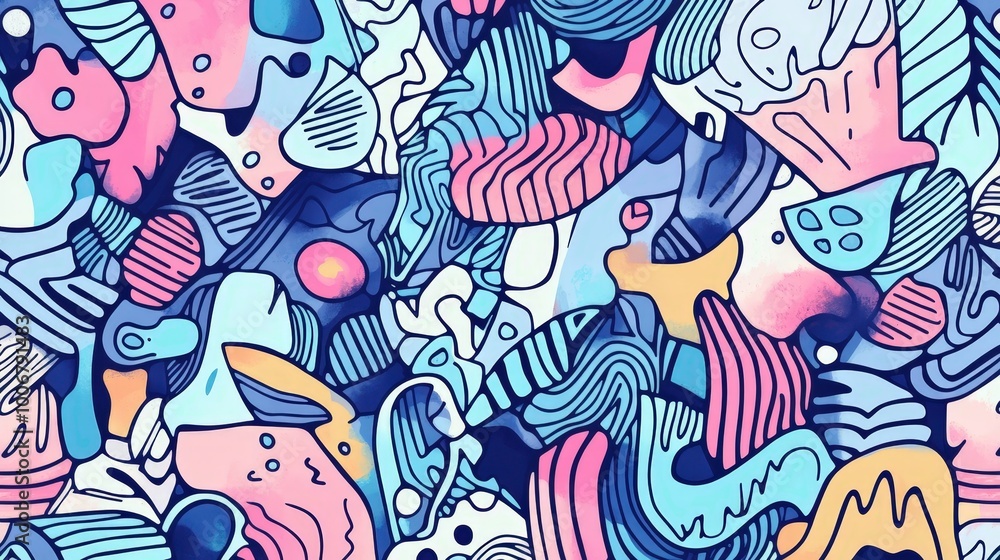 Whimsical Abstract Doodle Seamless Pattern with Cinematic Lighting on Pastel Background Whimsical Abstract Doodle Seamless Pattern with Cinematic Lighting on Pastel Background