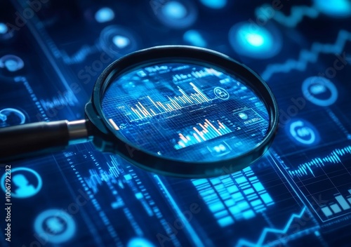 A digital representation of data analysis, featuring a magnifying glass highlighting graphs and blue technological imagery. photo