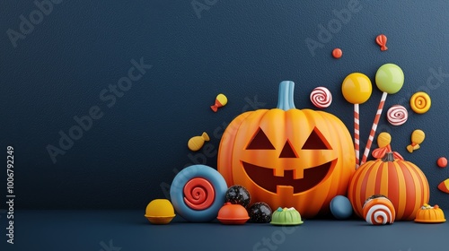 Colorful Halloween candies and pumpkins on dark background. photo