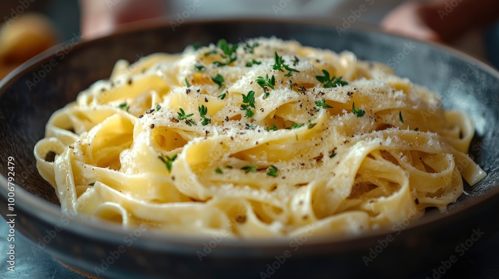 Close-up of Creamy Fettuccine Pasta with Parmesan Cheese and Thyme Close-up of Creamy Fettuccine Pasta with Parmesan Cheese and Thyme