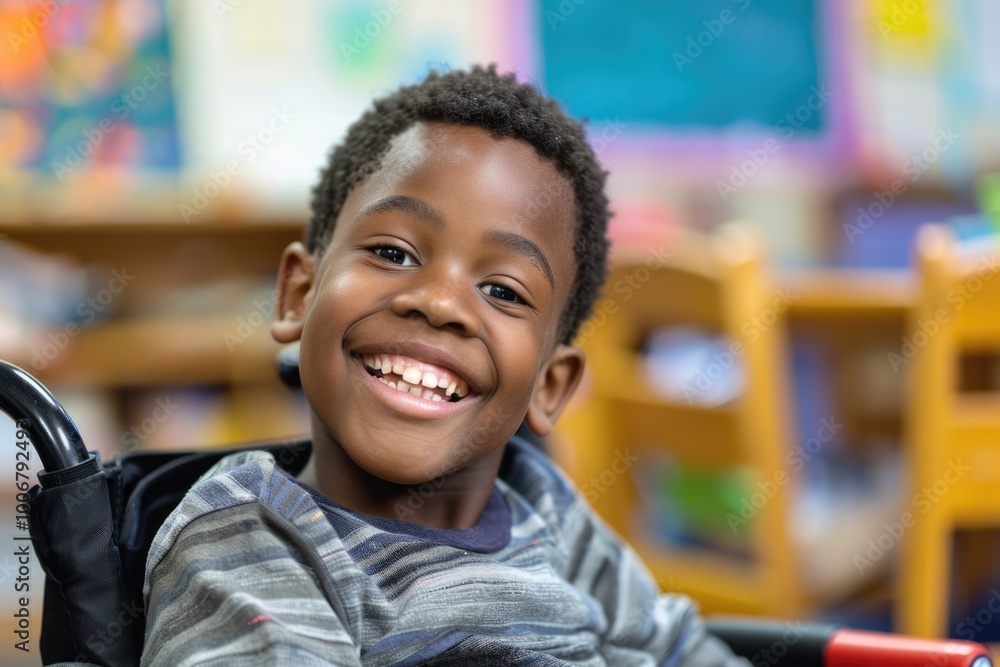 A happy child sitting in a wheelchair with a big smile, can be used for illustrations, medical or disability awareness campaigns A happy child sitting in a wheelchair with a big smile, can be used for illustrations, medical or disability awareness campaigns