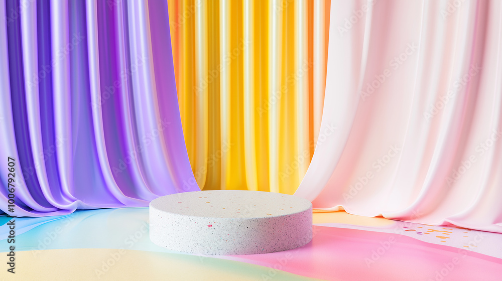 Round Terrazzo podium stone standing in front of flowing colorful curtains. Cosmetics product, beauty cream display area. Round Terrazzo podium stone standing in front of flowing colorful curtains. Cosmetics product, beauty cream display area.