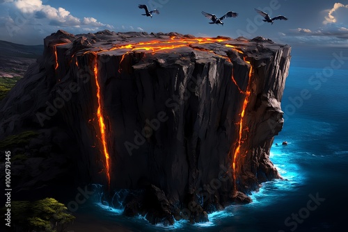 A fantastical seaside cliff, where waves glow with mystical light and enchanted birds soar over the ocean, blending natural beauty with fantasy.