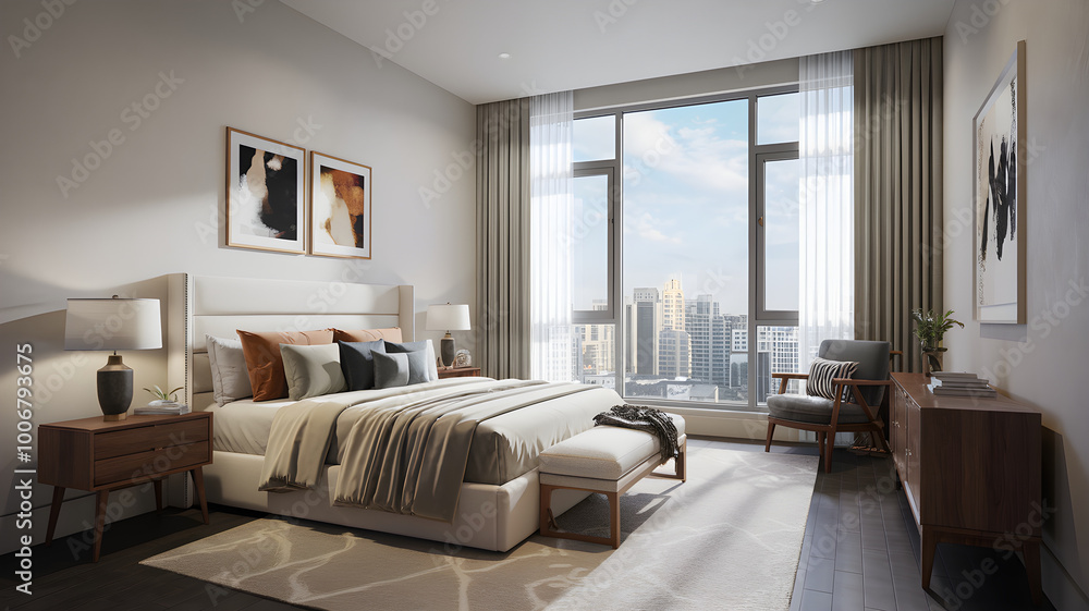 Serene and Stylish Modern Bedroom with Minimalist Furnishings and Calming Ambiance Serene and Stylish Modern Bedroom with Minimalist Furnishings and Calming Ambiance