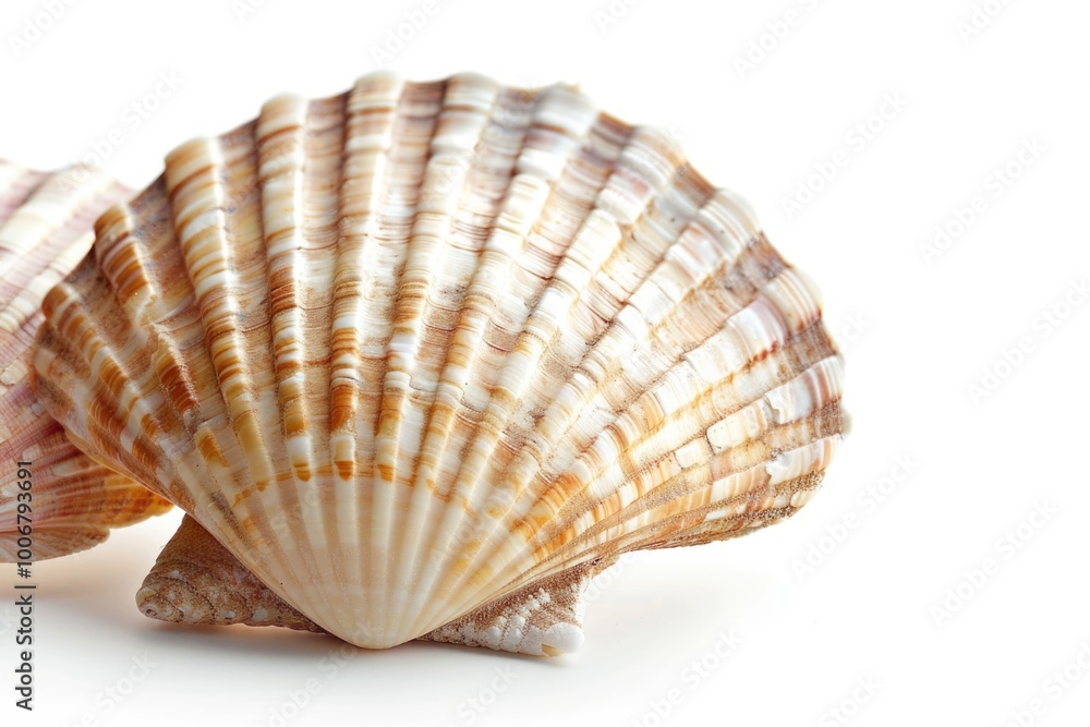 A pair of seashells placed on a clean white surface, ideal for decorative or educational purposes A pair of seashells placed on a clean white surface, ideal for decorative or educational purposes
