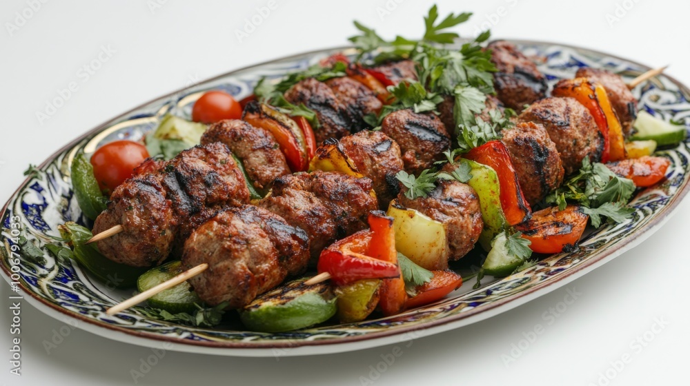An artistic arrangement of kebabs served on a traditional plate, garnished with fresh vegetables and herbs, showcasing the colorful presentation of this beloved dish. An artistic arrangement of kebabs served on a traditional plate, garnished with fresh vegetables and herbs, showcasing the colorful presentation of this beloved dish.