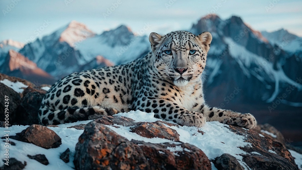 Fototapeta premium Close up portrait of a majestic snow leopard laying in a mountain with a scenic blurry peaks in the back. Animal mammal wildcat photography illustration. Panthera uncia.