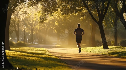 Runner jogging through a park early in the morning as part of a fitness routine