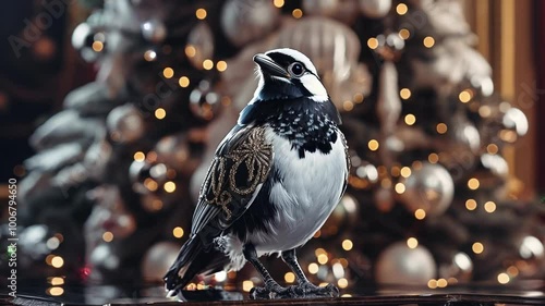 Taxidermied bird with christmas decorations on its wings posing on a table, with a blurred christmas tree in the background photo