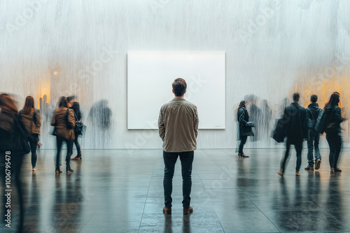 Homme de dos debout devant une toile blanche dans un musée