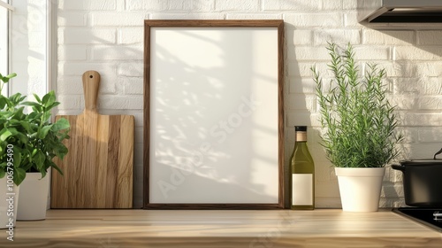 Empty photo frame on a wall, house kitchen interior