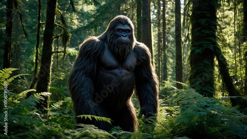 A large, muscular, ape-like Bigfoot stands in a dense forest, surrounded by tall, green trees and ferns. Sasquatch, yeti, wild man mythical creature photo illustration. photo