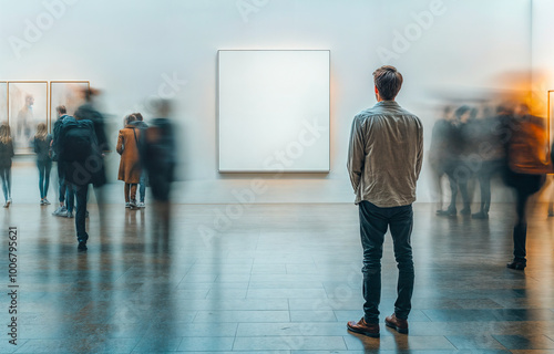 Homme de dos debout devant une toile blanche dans un musée